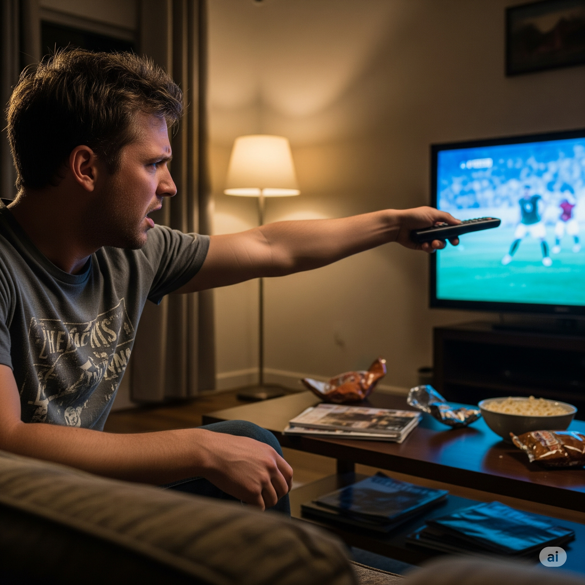 Persona apuntando un control remoto a un TV con frustración