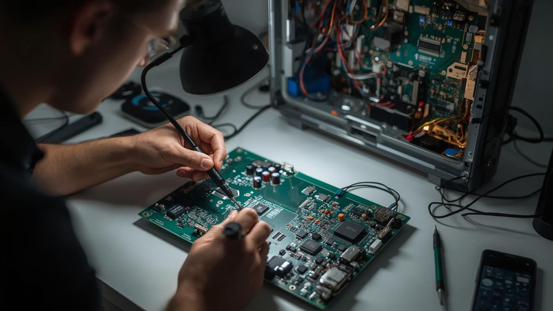 Técnico revisando tarjeta mainboard de un televisor en Dosquebradas